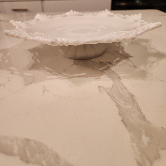 Westmoreland Cake Plate White Milk Glass Marked Lacy Edge Footed Pedestal VTG - Picture 2 of 7